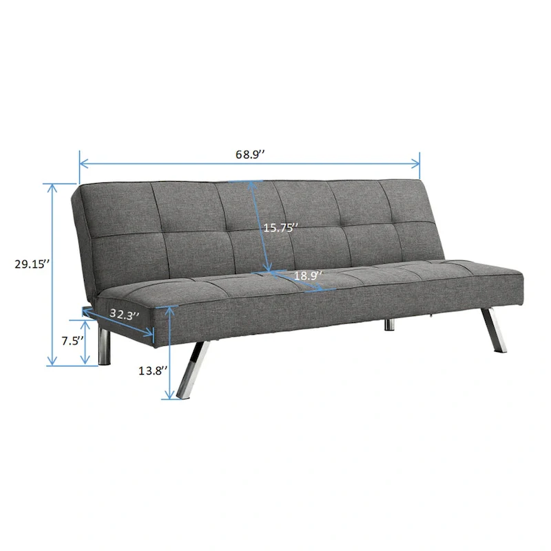 Metal Frame Futon Sofa Bed with Stainless Steel Leg - 32.30 x 68.90 x 29.15