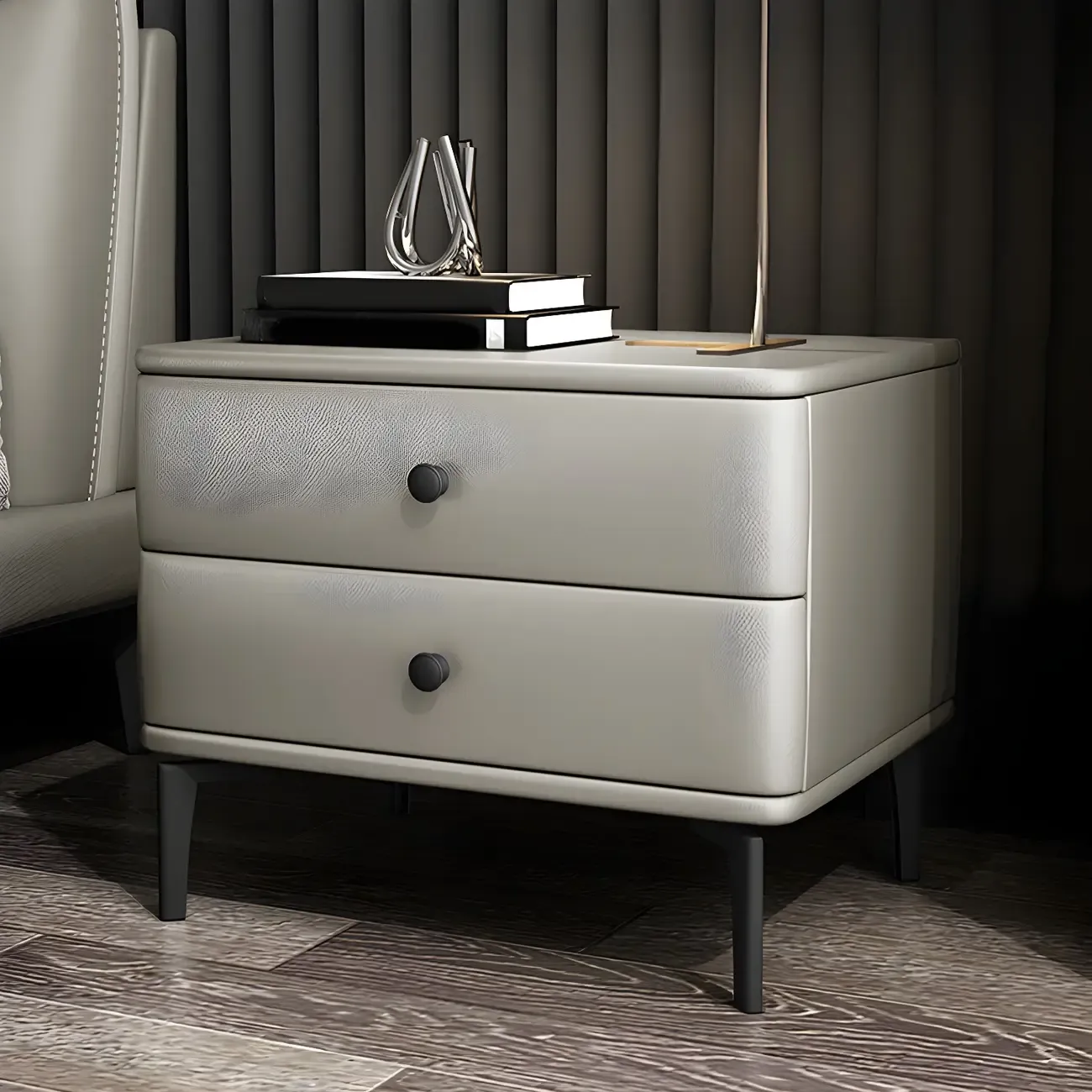 Modern Black Leather Bedside Table with Drawers