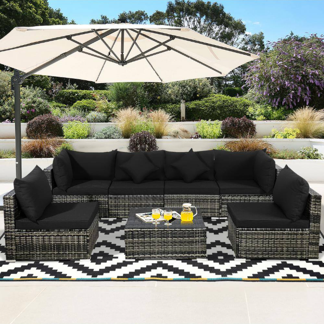 7-Piece Wicker Patio Conversation Set with Black Cushions - Premium Quality Home Furniture | Kendale Furniture