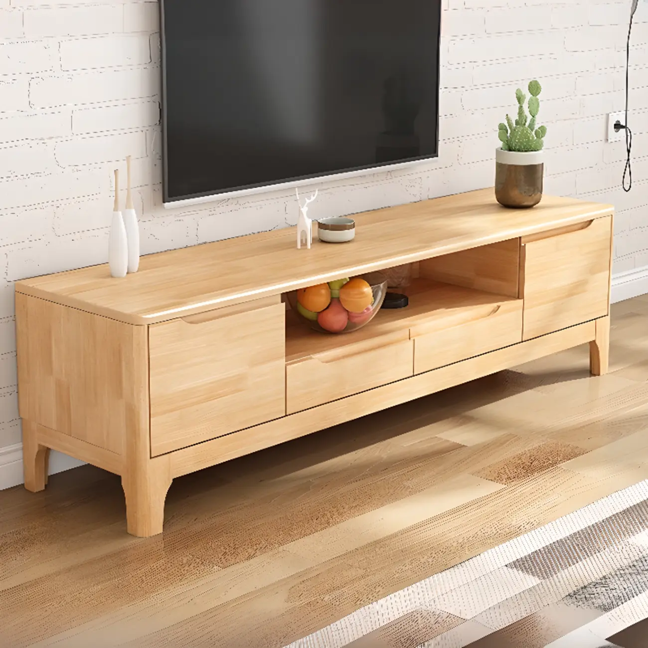 Durable Natural Wooden TV Stand with Cable Management