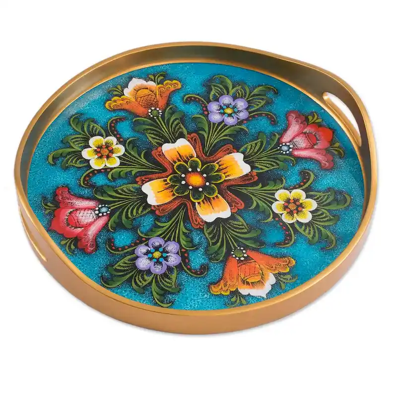 Novica Handmade Tulip Beauty In Blue Reverse-Painted Glass Tray