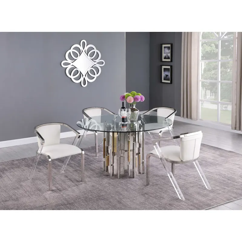 Somette Contemporary Round Glass Table with Steel & Golden Cluster Design Base