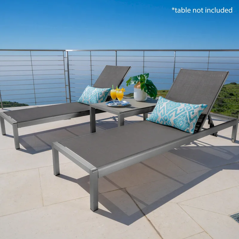 2pc Cape Coral Chaise Lounge Set Gray Outdoor Adjustable Mesh Patio Furniture with Wheels 77in