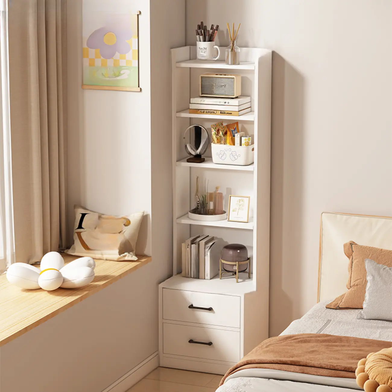 Multi-functional Wooden 5-Shelf Closed Back White Bookcase