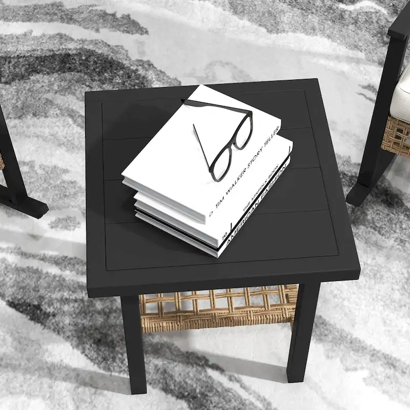 Outsunny 3 Piece Patio Bistro Set, Wicker Furniture Set with Button Tufted Cushions, Rattan Rocking Chairs and Coffee Table