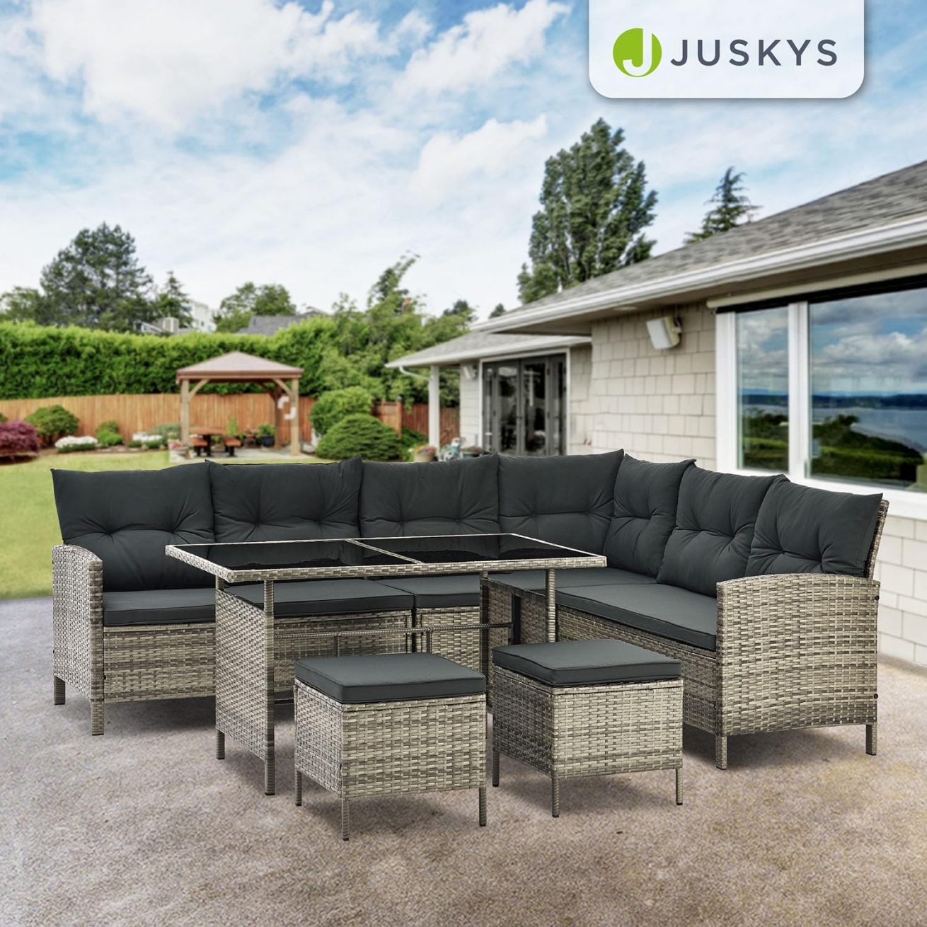 Stylish polyrattan corner lounge furniture on a patio