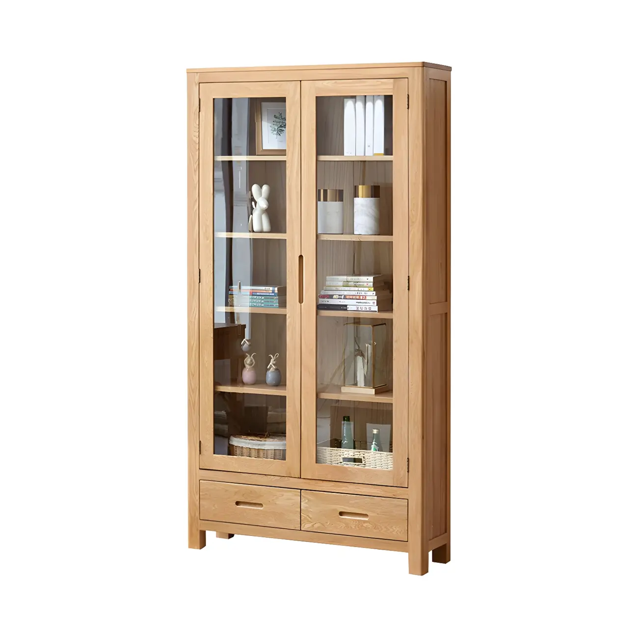 2-Drawer Natural Wood Display Cabinet Adjustable Shelves