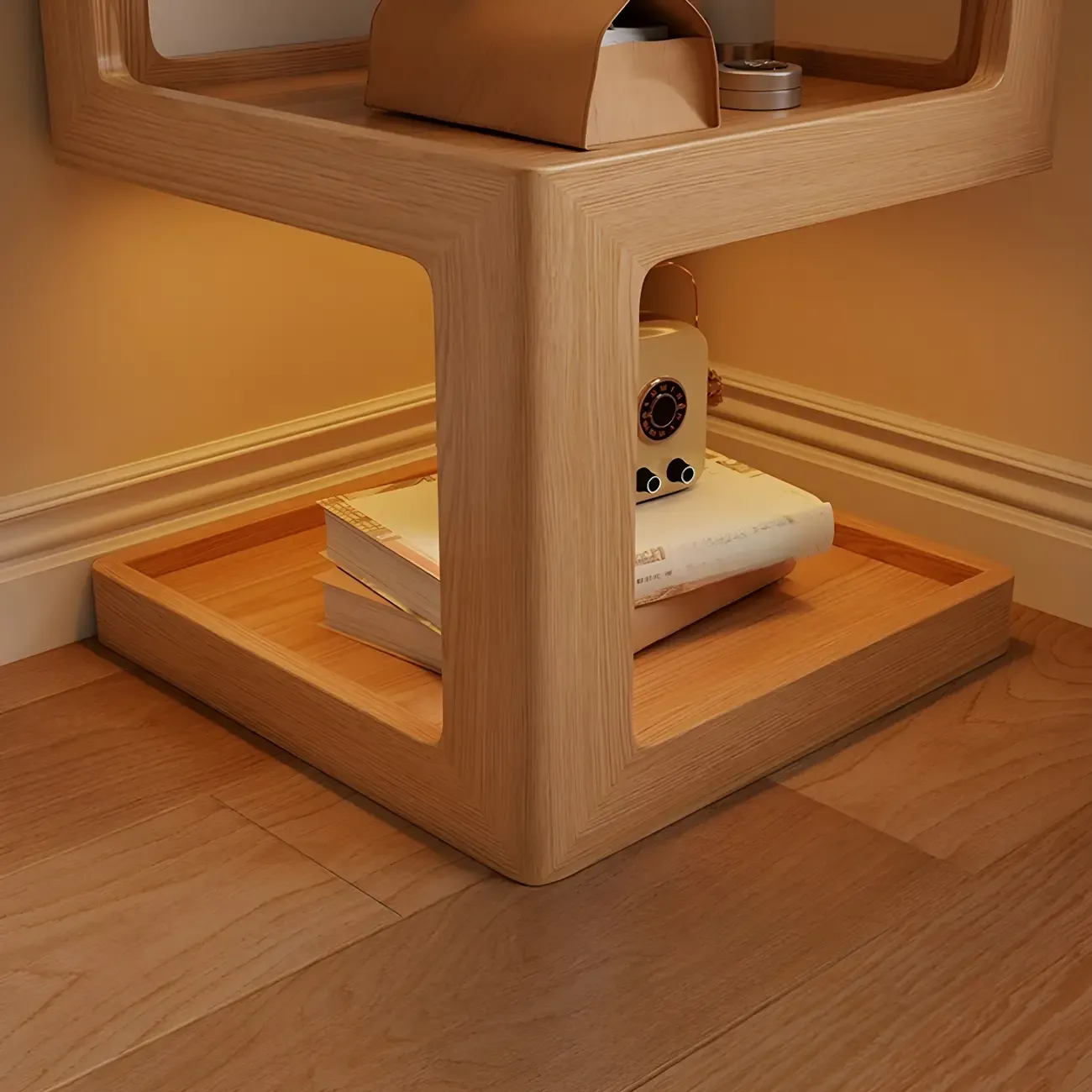 Narrow Wood and Glass Nut-Brown Shelves Nightstand with Light