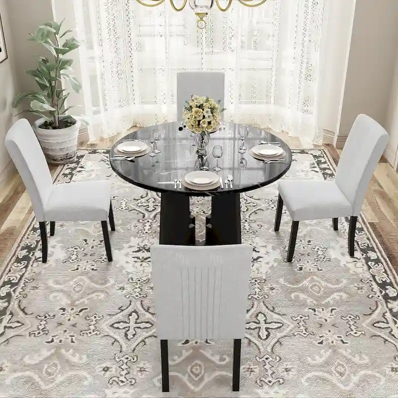5 Pcs Wood Kitchen Table and Chair Set, 4 People Round Dining Table Set with Faux Marble Top and 4 Upholstered Chairs