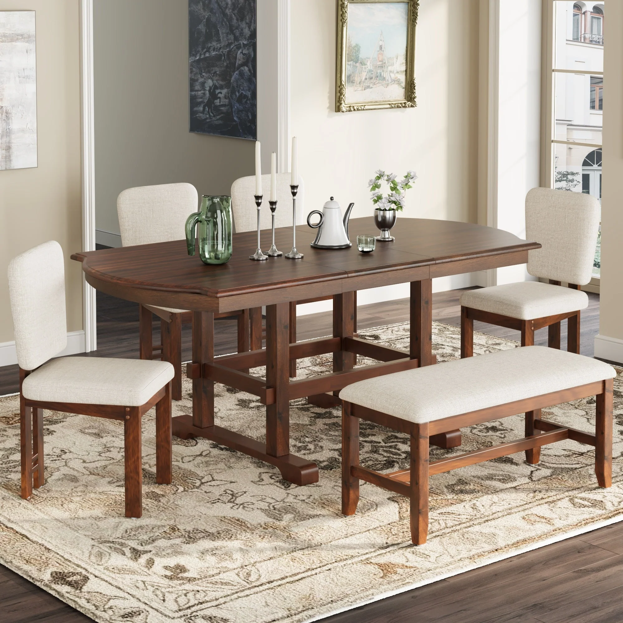 Traditional Farmhouse 6 Pieces 78 Extendable Dining Table Set with Bench
