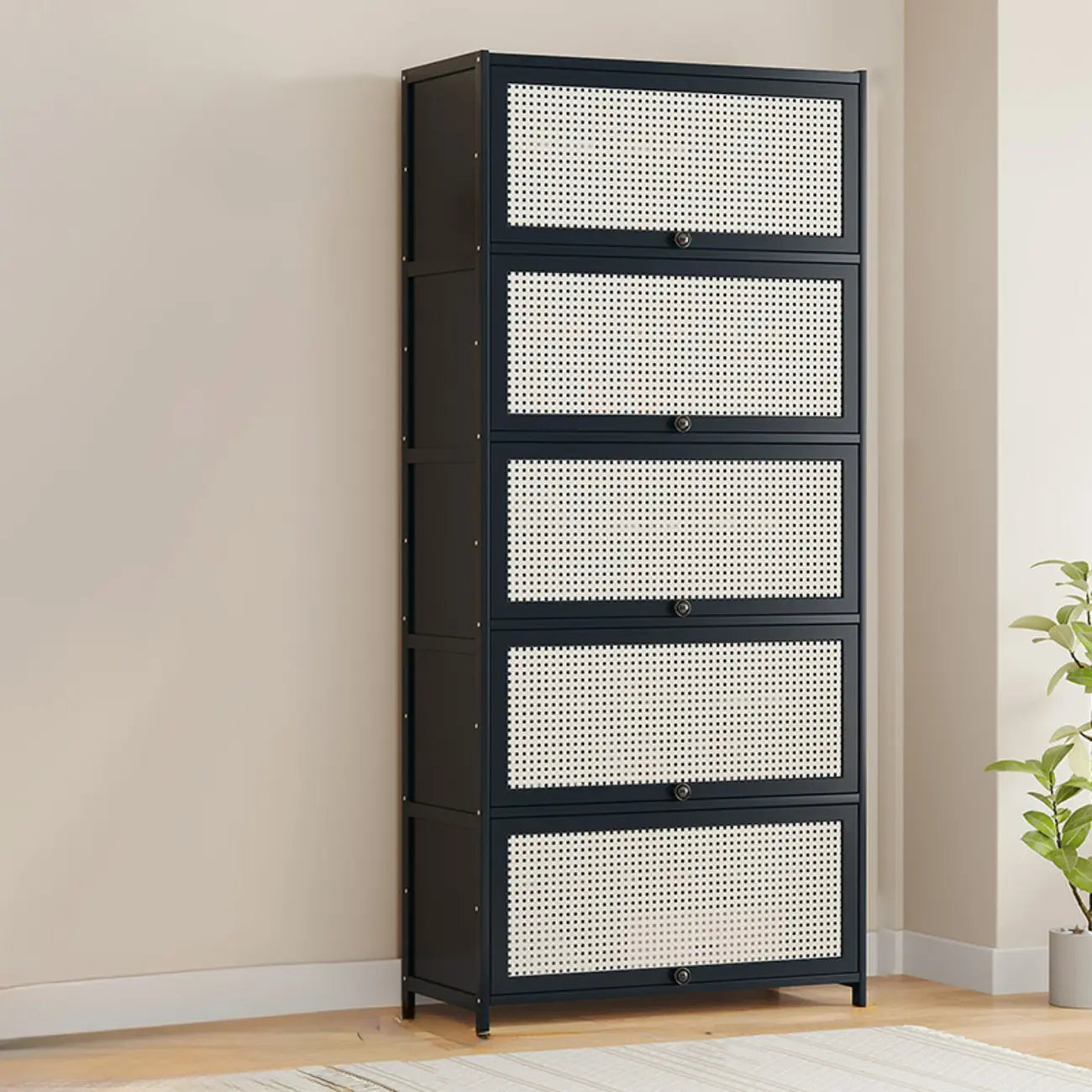 Modern Black Bamboo Shoe Cabinet with Rattan Panels