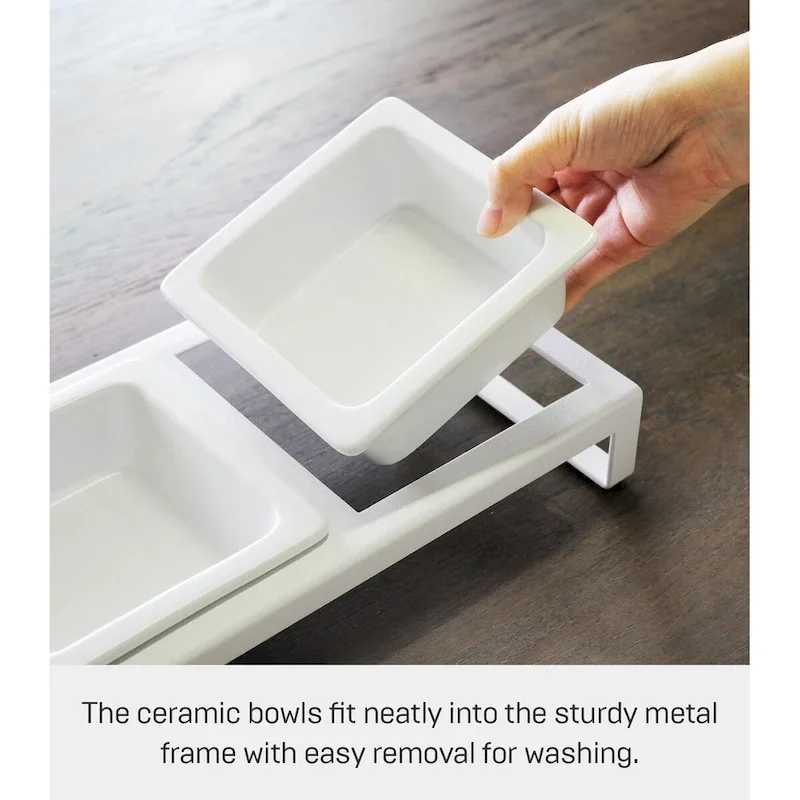 Yamazaki Home Pet Food Bowl - Two Styles, Steel and Ceramic, Tall, 1.25 cups, 300 milliliters per bowl