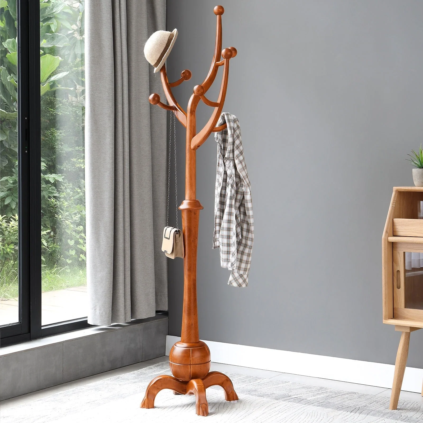 Tree-branch Rubberwood Freestanding Coat Rack with 8 Hooks - 24.5W x 70.87H