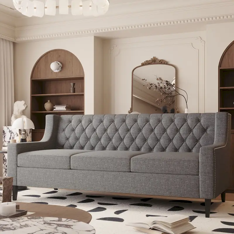 Grey 78.75 Polyester 3-Seater Sofa with Tufted Back and Cushions
