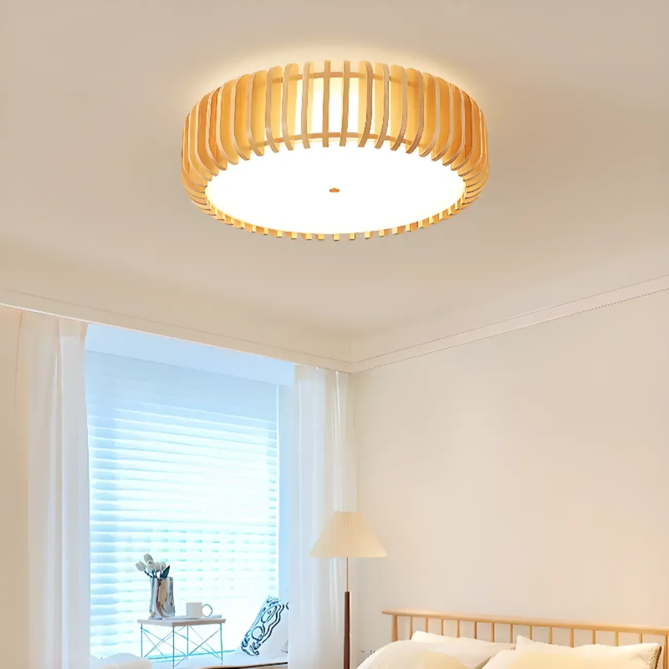 Natural Wood Circular Dimmable LED Flush Mount Ceiling Light