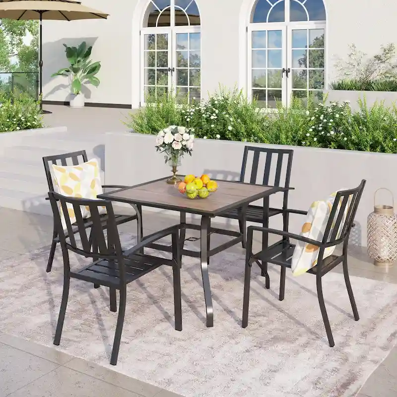 MAISON ARTS 5-piece Faux Wood Table and Metal Stackable Chairs Patio Set - 5-Pieces Sets
