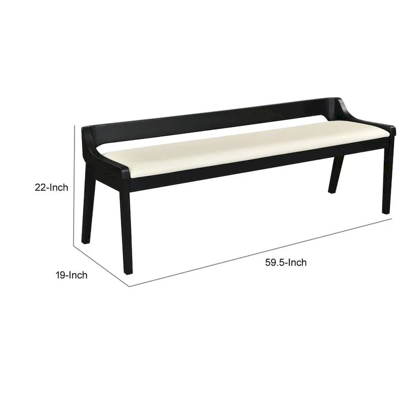 Kee 60 Inch Dining Bench, Black Rubberwood Frame, Low Back, Cushioned Seat