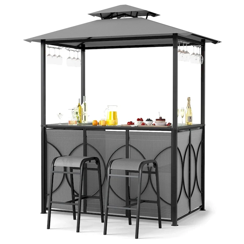 Costway 6.5 x 4 x 8 FT Grill Gazebo Set with 2 Bar Stools, Tempered - See Details