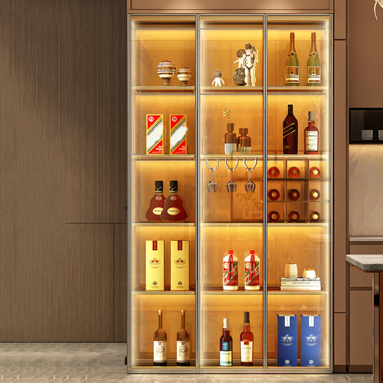 Luxury Multi-Layer Tan Glass Curio Cabinet with Light