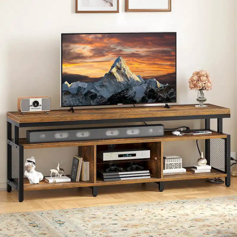 Industrial Wood TV Stand with LED Light with Open Storage Shelves Power Outlets Bluetooth Remote