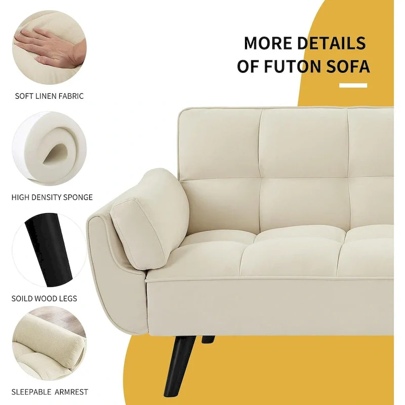 75.39 IN. Futon Sofa Bed, Convertible Upholstered Couch Sleeper with Reclining Sleeper Split Tufted Back