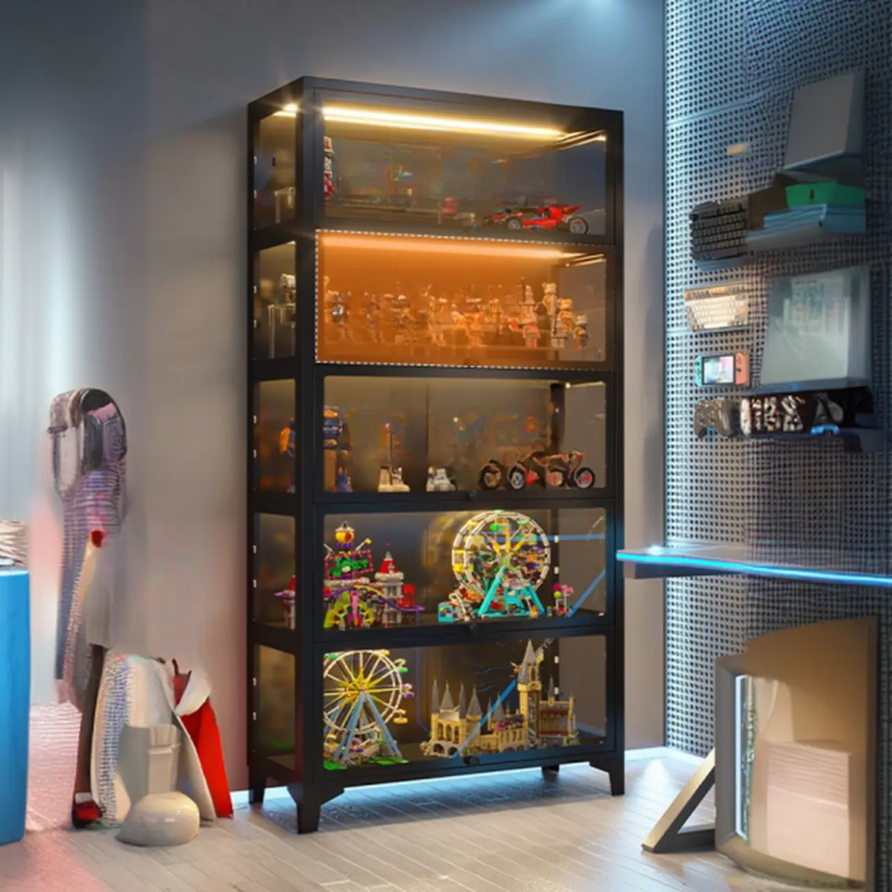 Modern 5 Shelves Glass Display Cabinets with LED Lighting