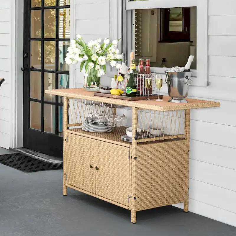 Moasis Outdoor Storage Cabinet Patio Wicker Bar Counter Backyard Furniture w/Plastic Wood Tabletop - 50.4  L x20.9  W x 33.9  H