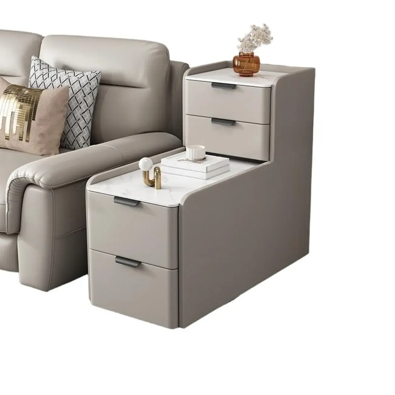 Tall 4-Drawer Stone Top Wooden L-Shaped Sofa End Table