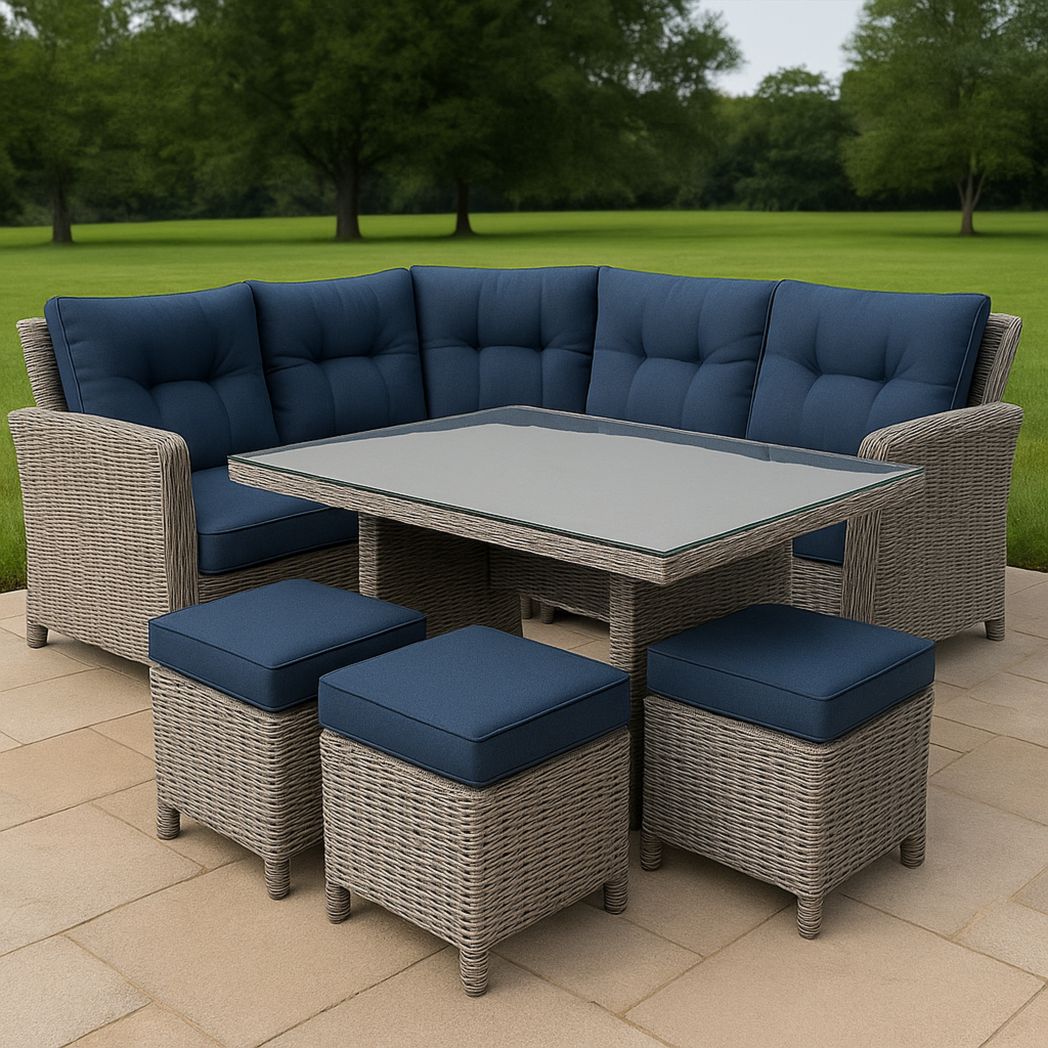 Ensemble de Meubles d'Extérieur en Résine Tressée avec Table en Verre et Coussins Amovibles Bleu Foncé, Canapé d'Angle avec Tabourets