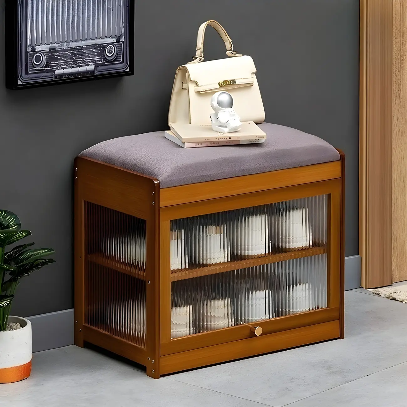 Entryway Black Bamboo Shoe Storage Bench with Glass Doors