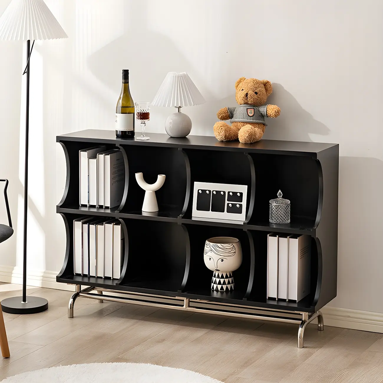 Rectangular Black Wood Display Cabinet with Open Storage