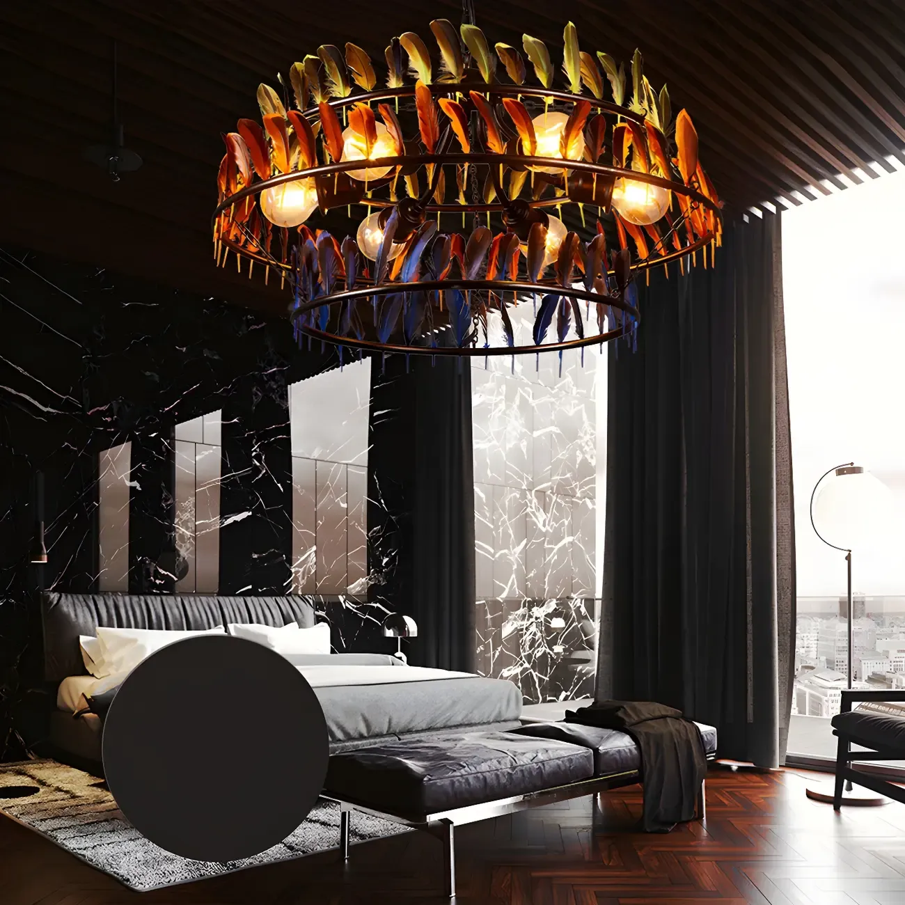 Art Deco 2-Tier Feather Hoop Chandelier with Adjustable Chain