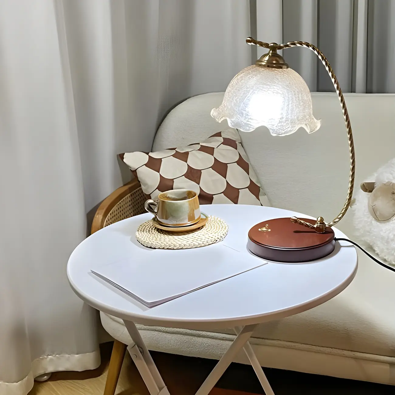 Exquisite Brown Glass Curved Arm Flower Shaped Table Lamp