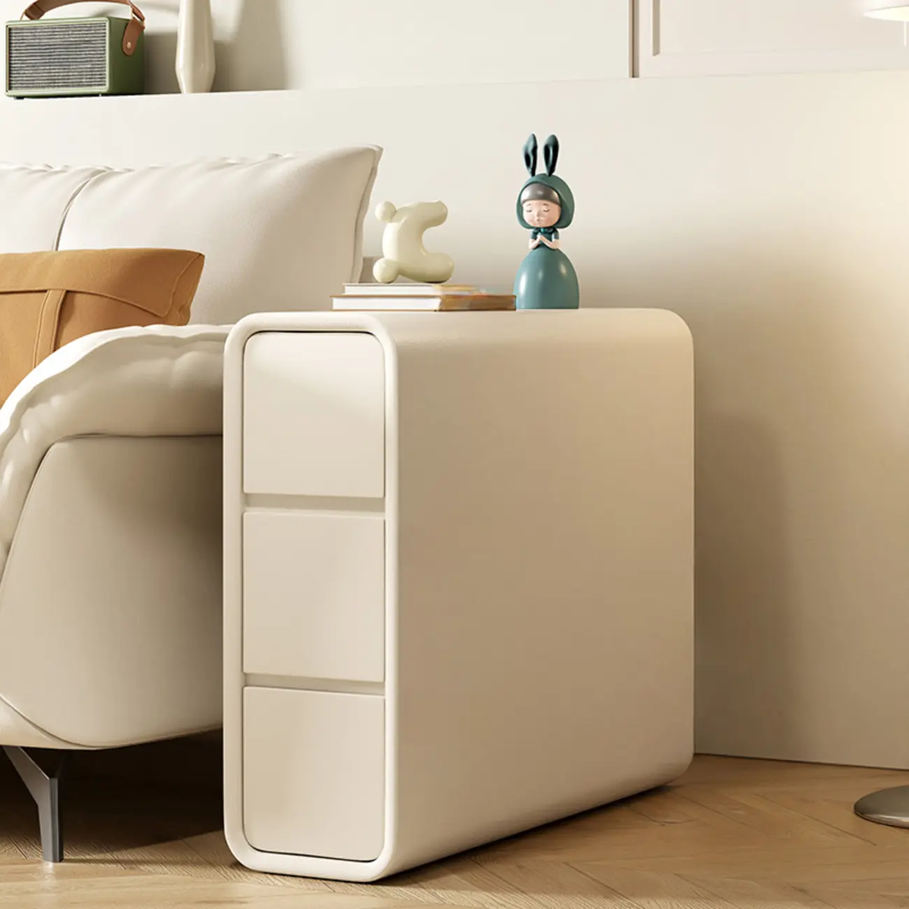 Sleek Rectangular Leather White 3 Drawers Narrow Side Table