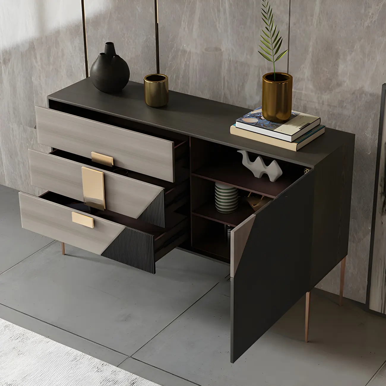 Sleek Black-Gray Wood and Metal Soft-Close Drawers Dresser