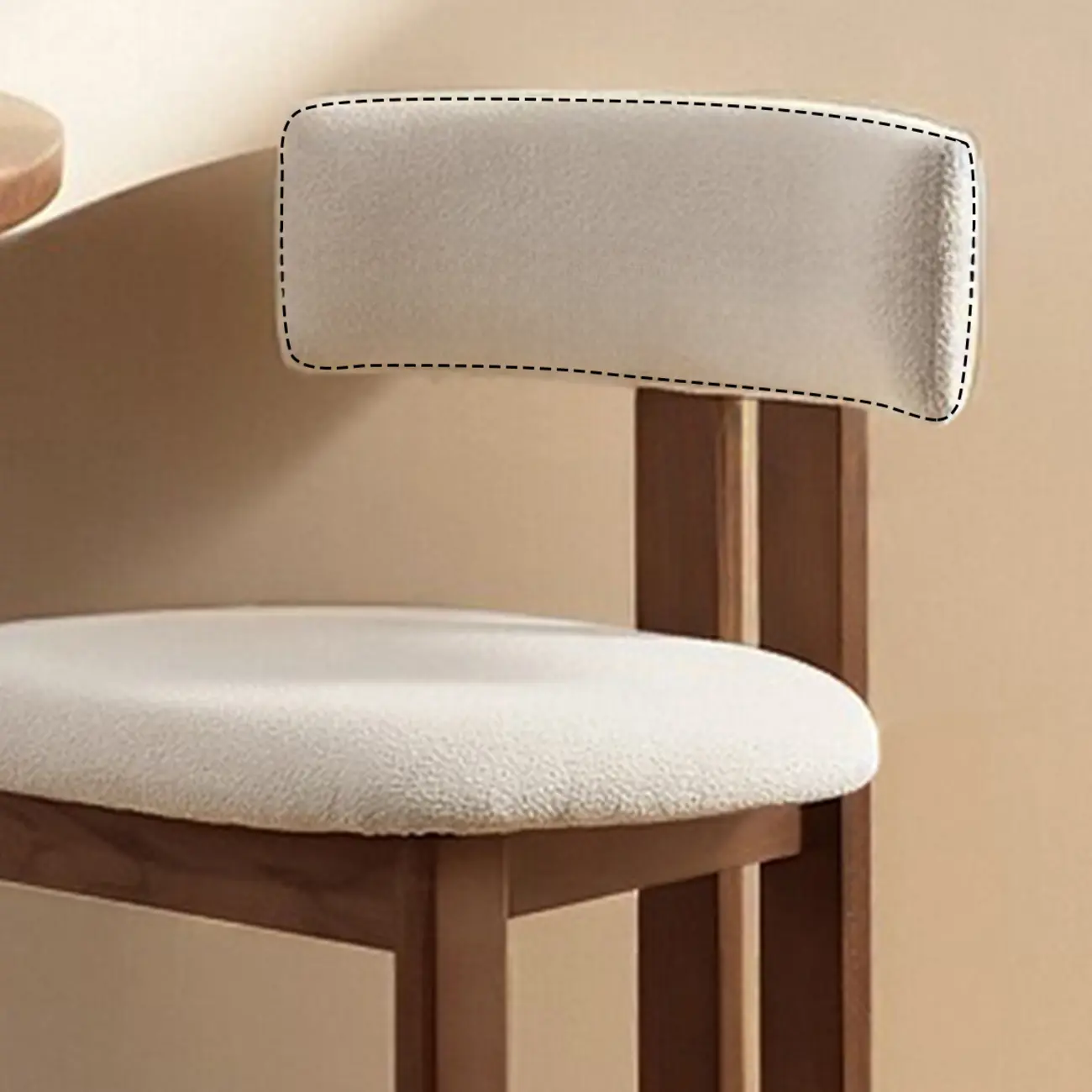 White Boucle Fabric Brown Wood Armless Bar Stools