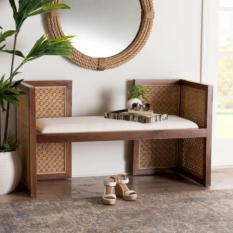 Lovina Bohemian Light Honey Rattan and Acacia Wood Accent Bench