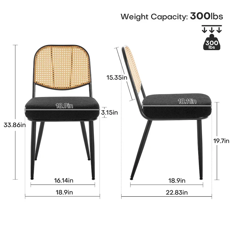 Upholstered Rattan Dining Chairs Side Chair Set of 2 - 33.86H x 18.9W x 22.83D