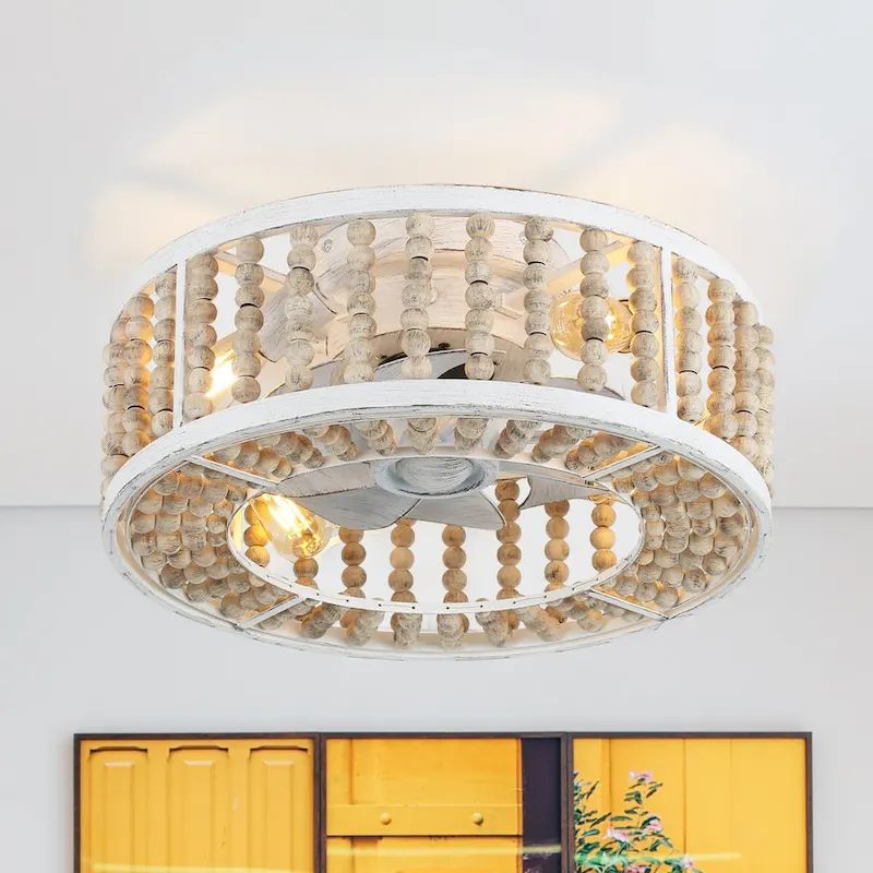 CurveCurio 20  Flush Mount Drum Boho Ceiling Fan w Wood Beads, 4 Light 3 Speed w Remote Control for Dining Area and Bedroom