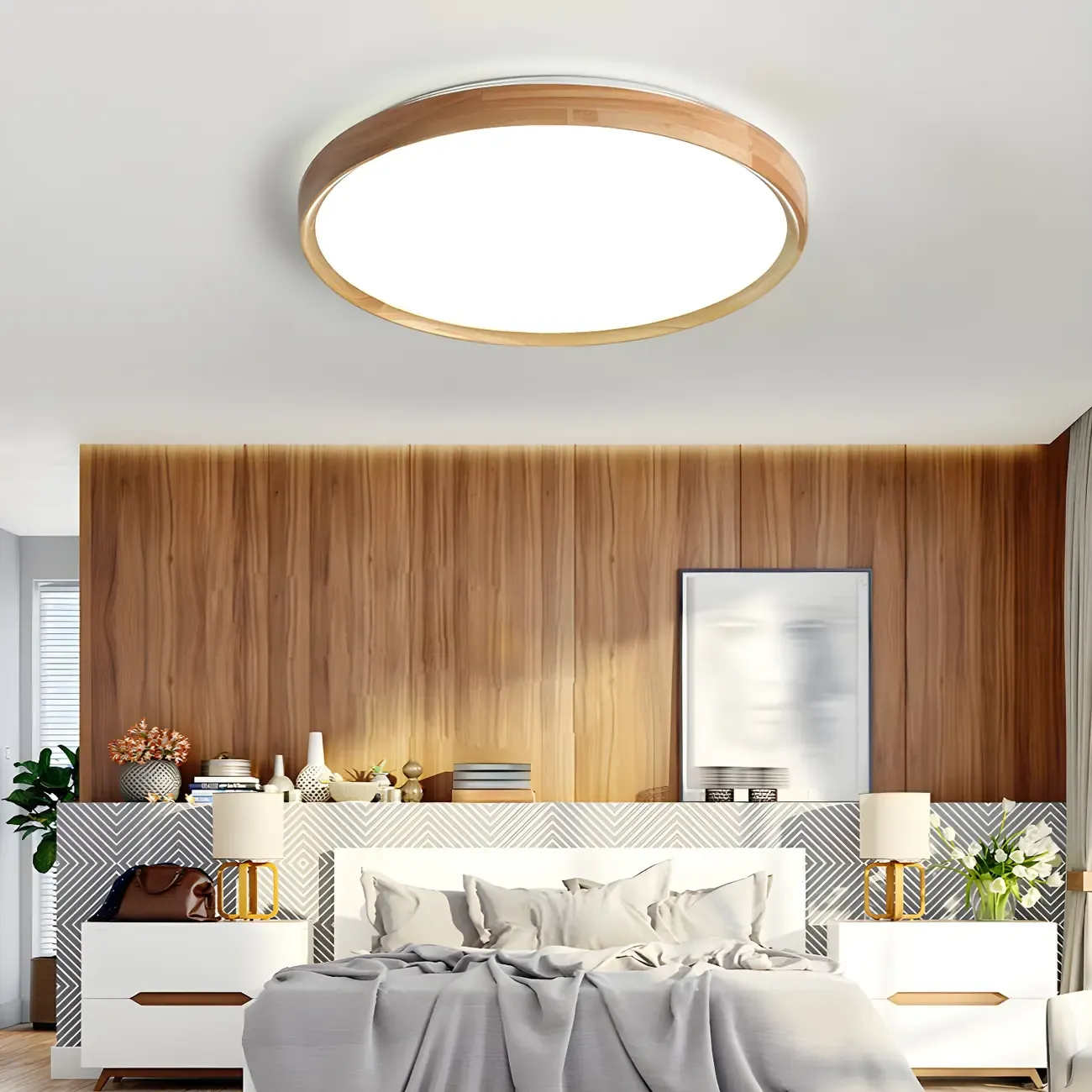 Nordic Round Wood Flush Mount LED Ceiling Light Dimmable