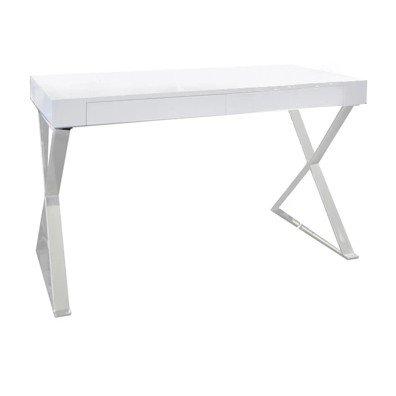 Rix 47 Inch Office Desk, White Wood Top, 2 Drawers, X Polished Steel Legs