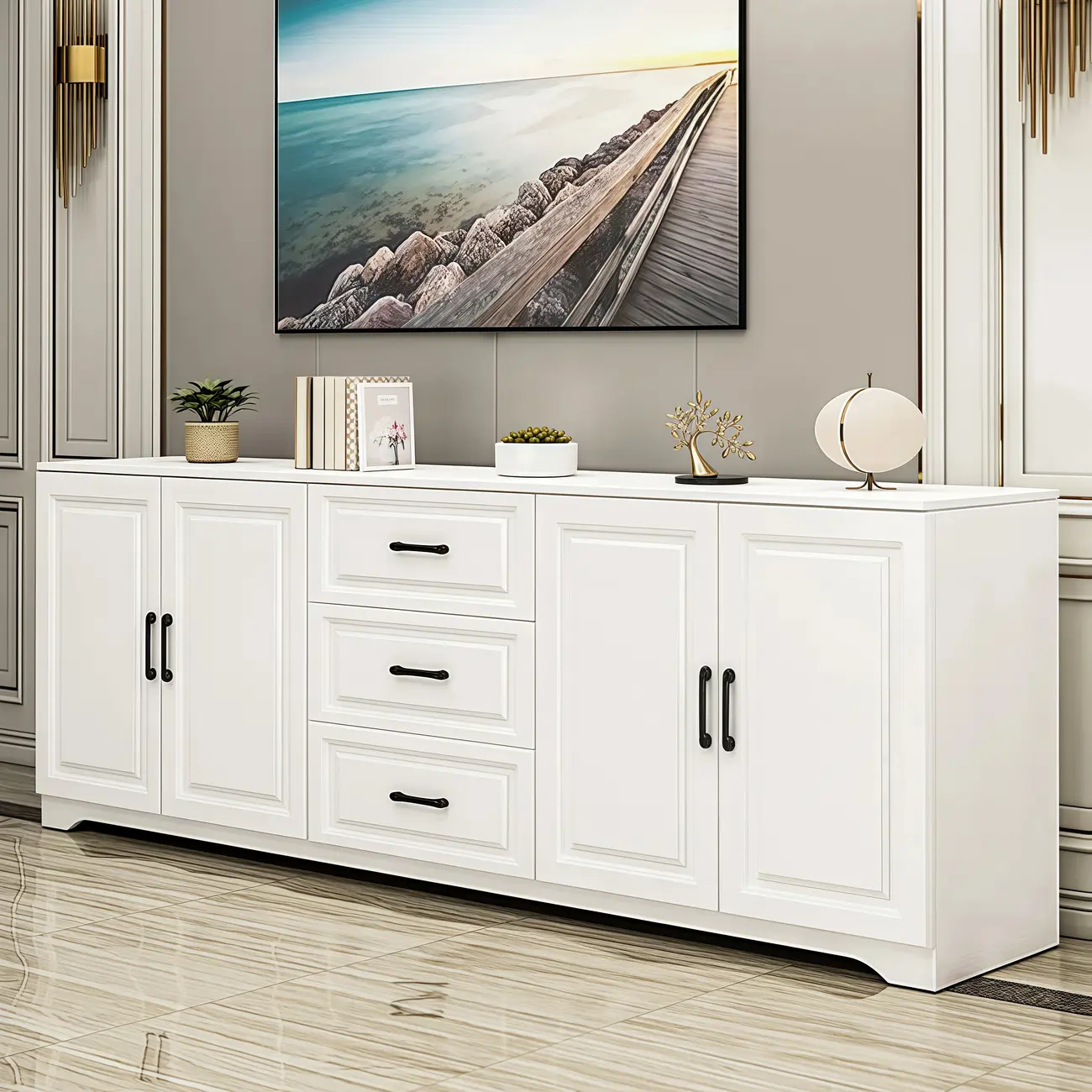 Modern Rectangular White 3-Drawer Wooden TV Stand