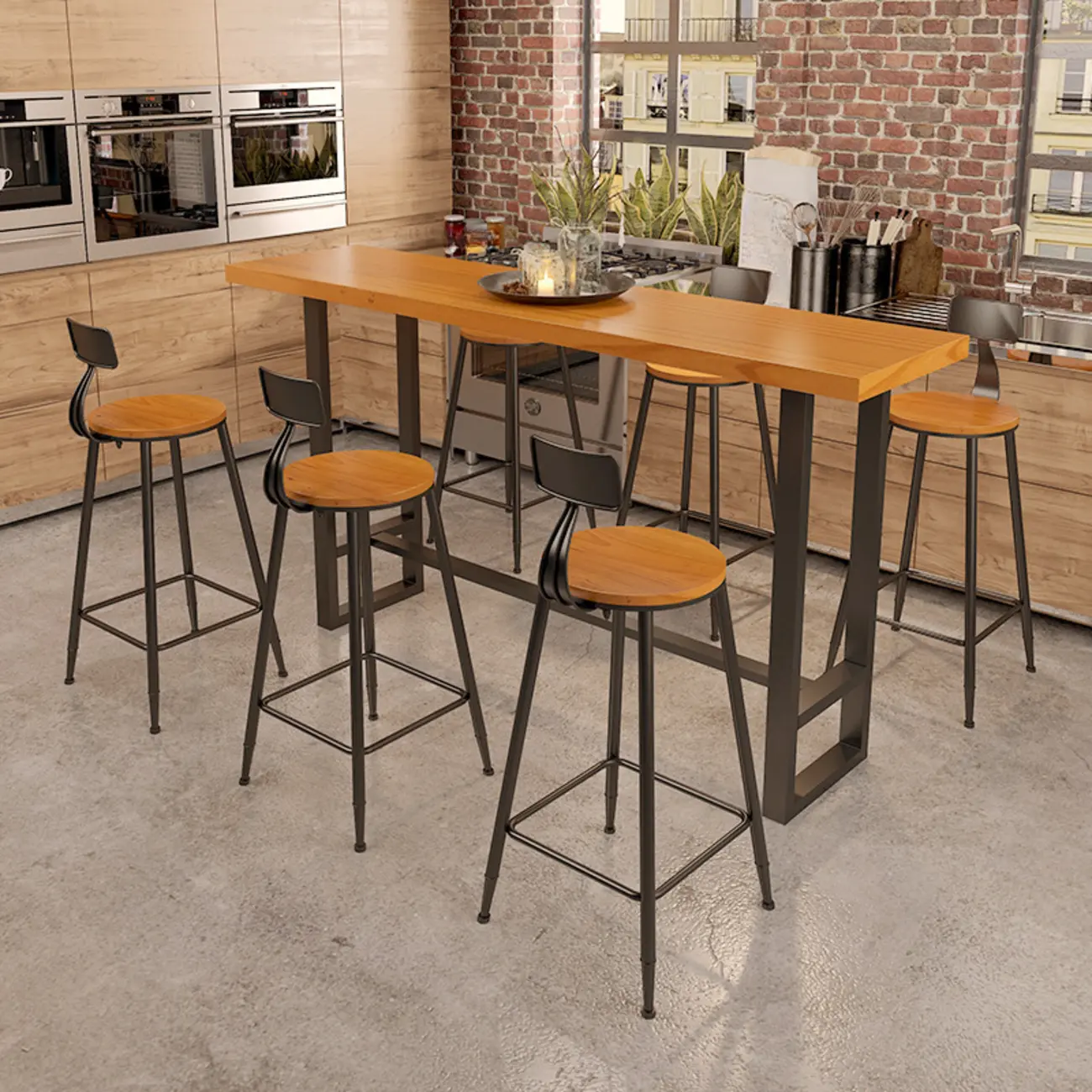 Industrial Wood Bar Table Set with Black Metal Base