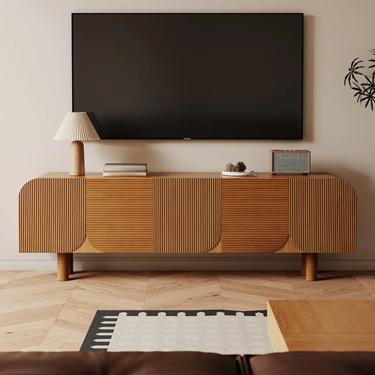 71 Rustic Brown Fluted Wooden TV Stand for Living Room