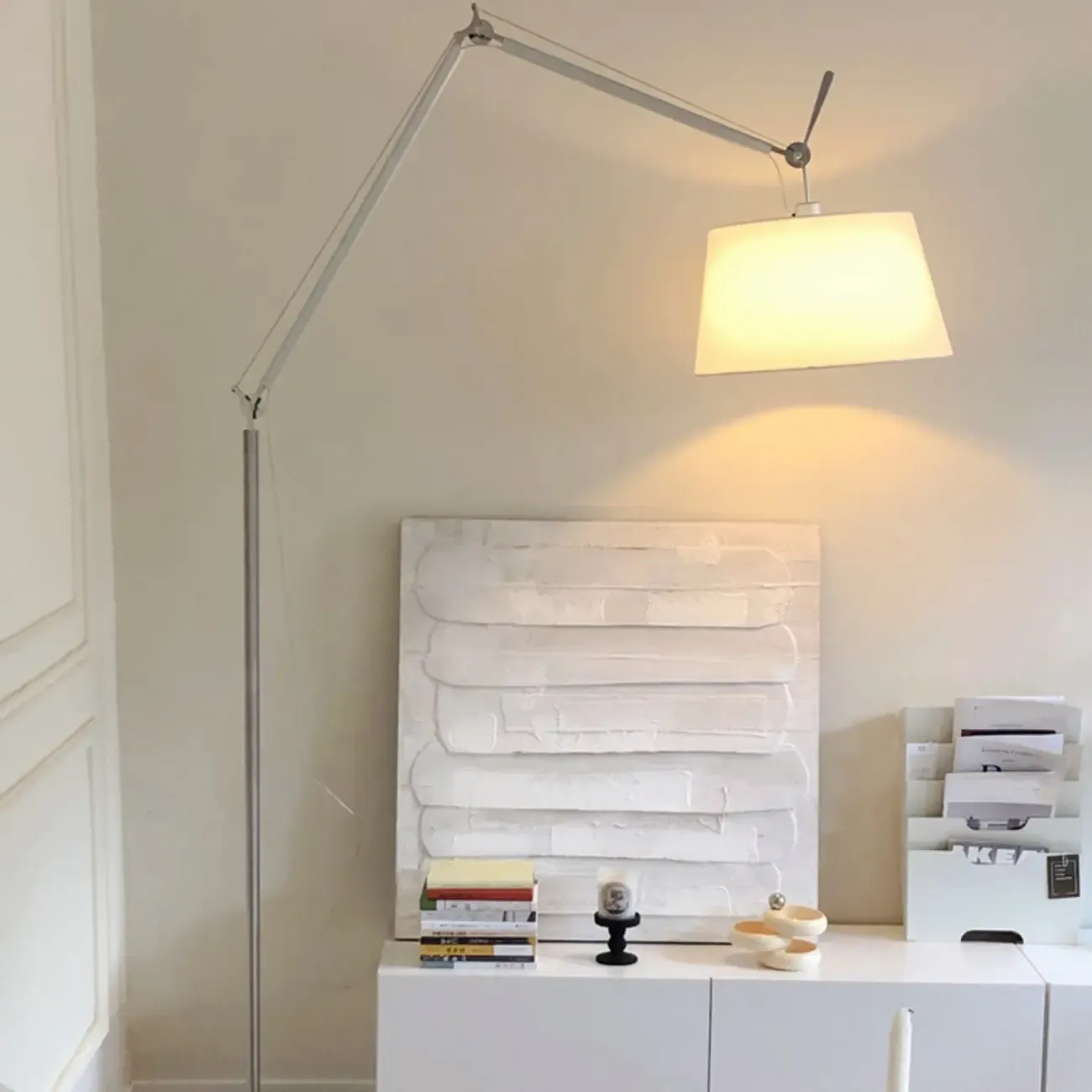 Adjustable Silver Swing Arm Floor Lamp with Fabric Drum Shade