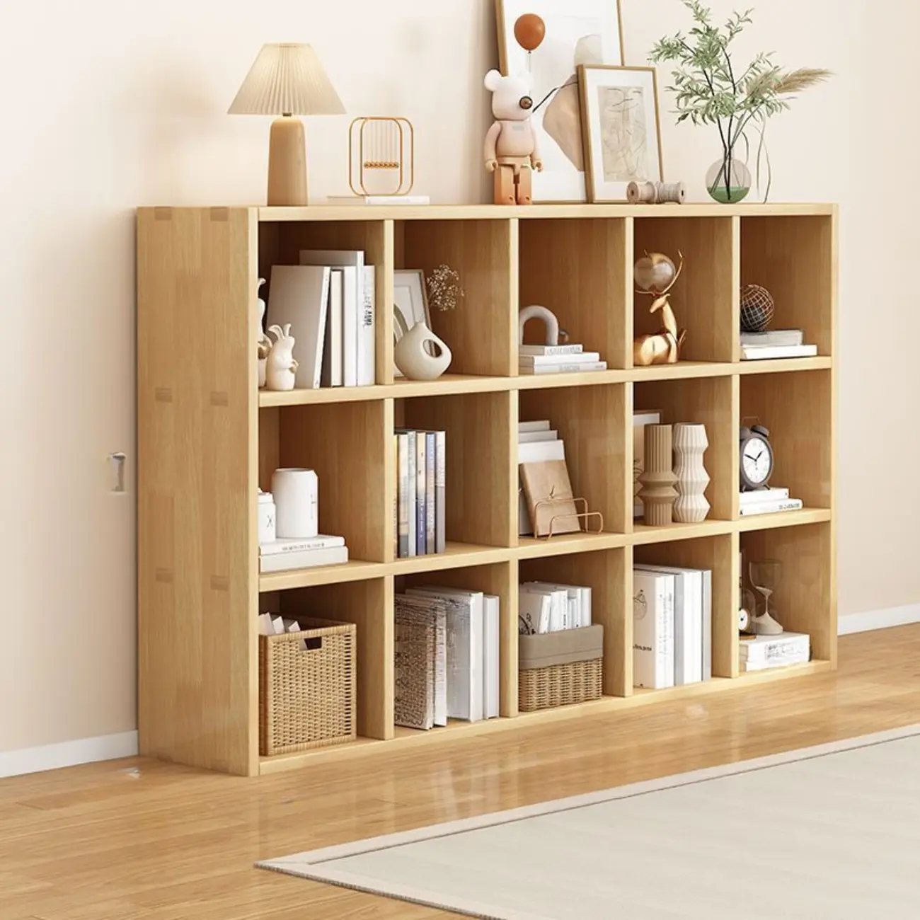 Modern Oak Bookcase Spacious Shelves Multi-Cabinets