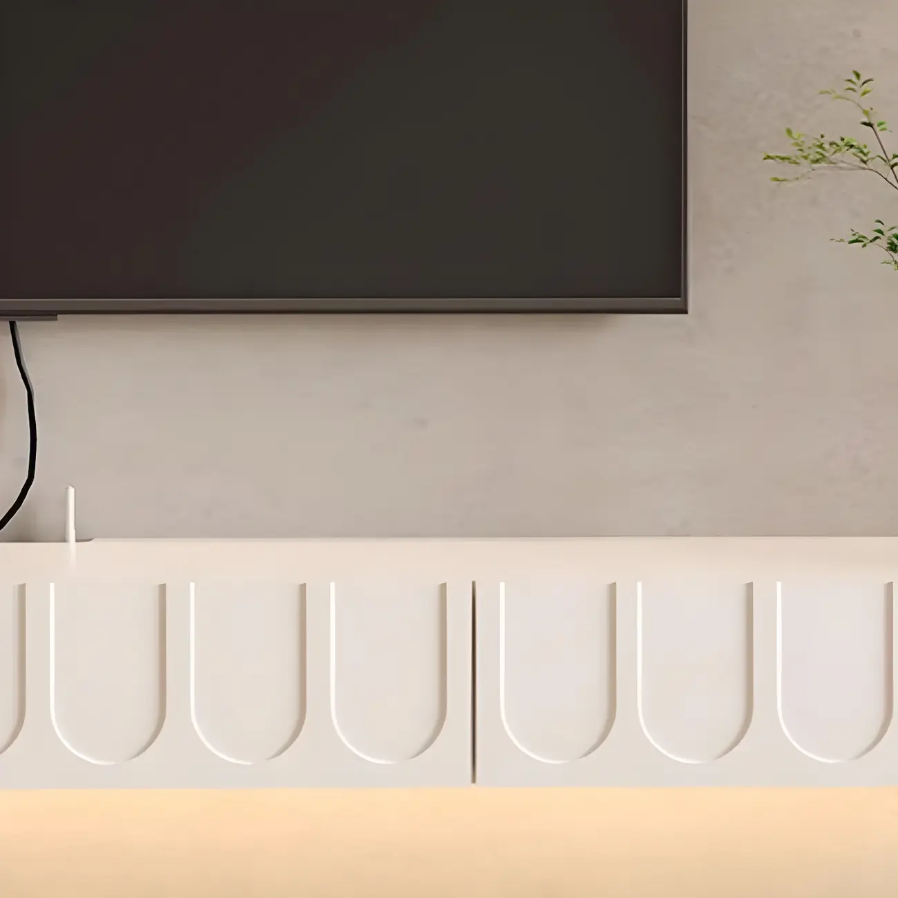 65 Long White Floating Wood U-Pattern TV Stand with Cabinet