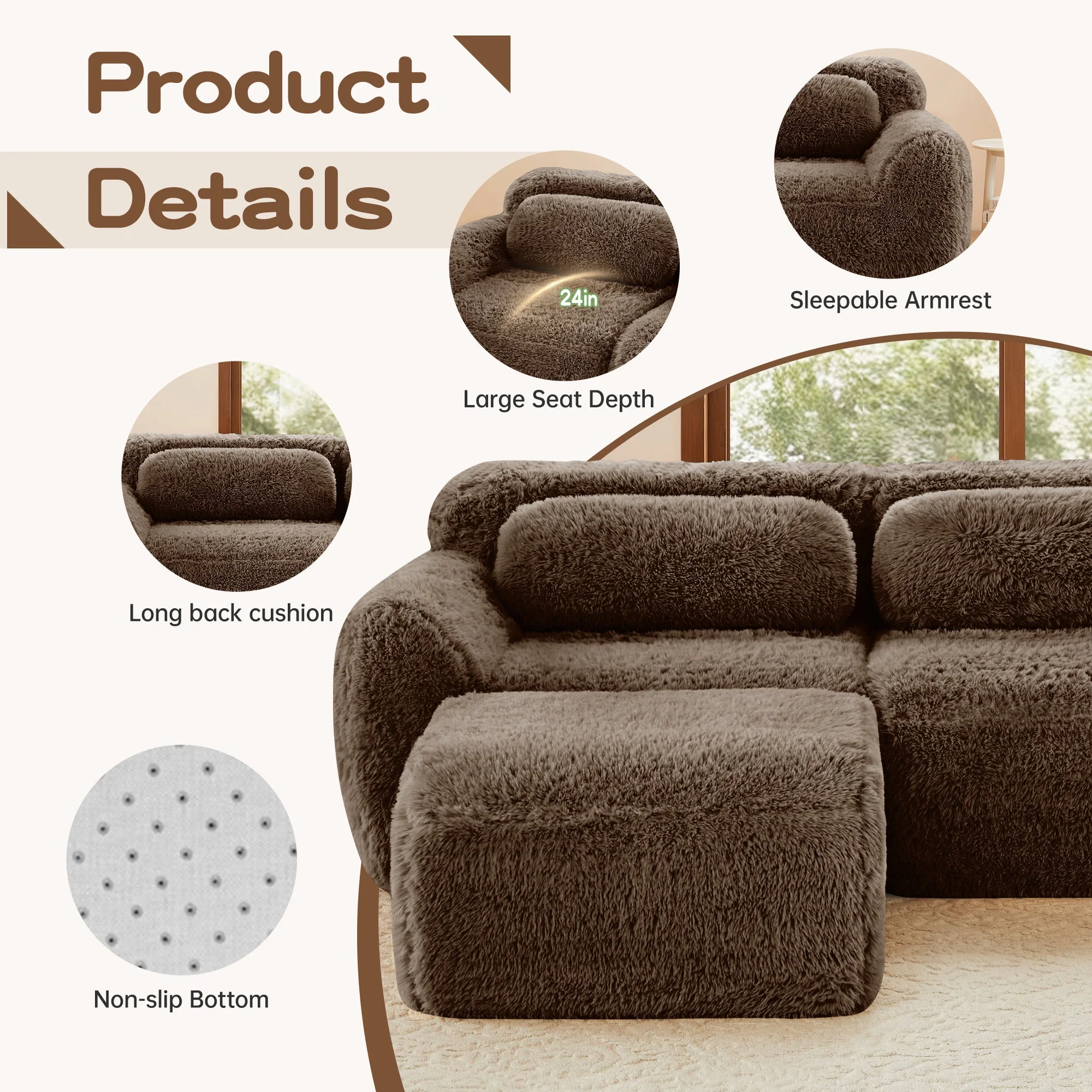 Soft And Fluffy Plush Boneless Modular Sofa with Ottoman