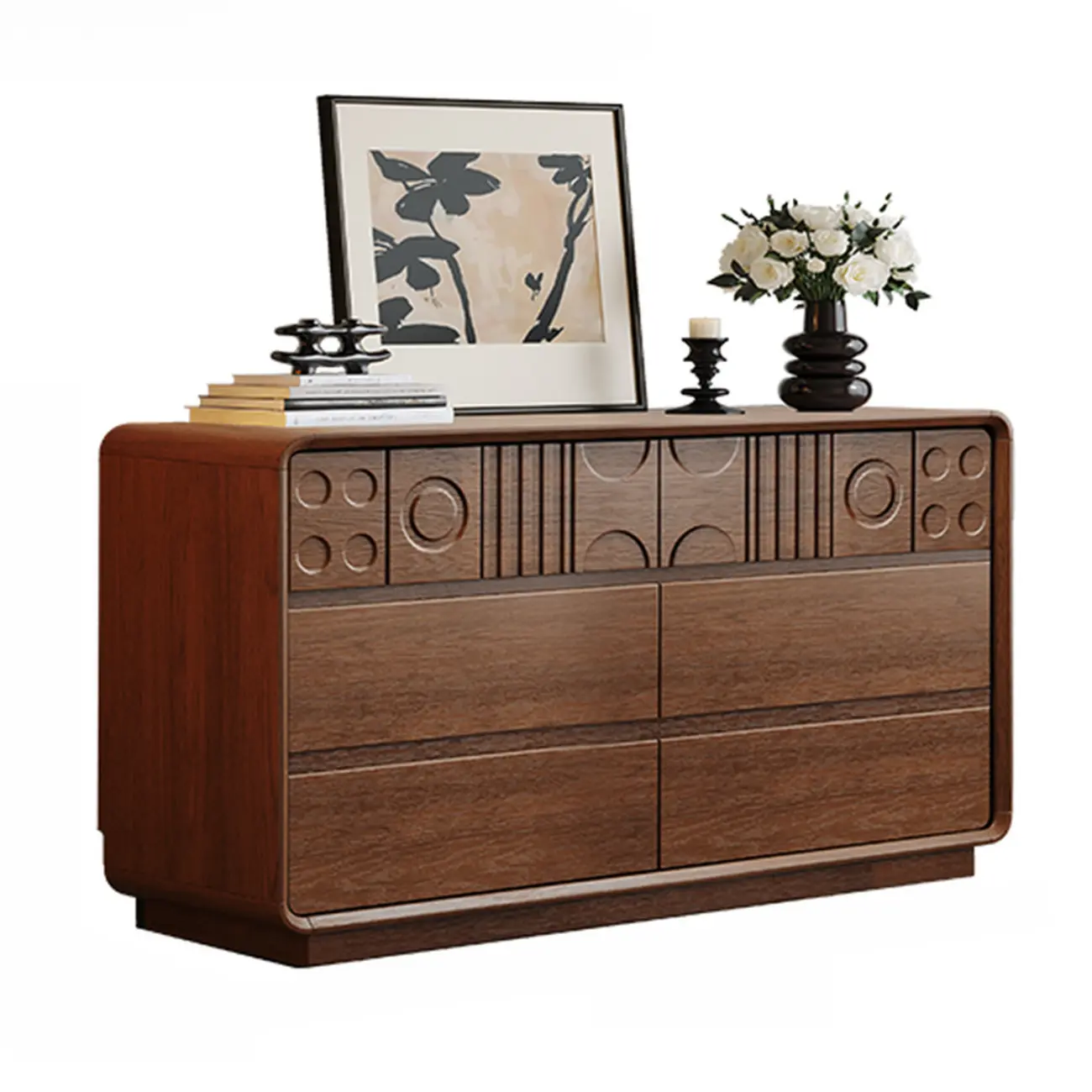 Art Deco Inspired Wood Dresser with Geometric Carvings