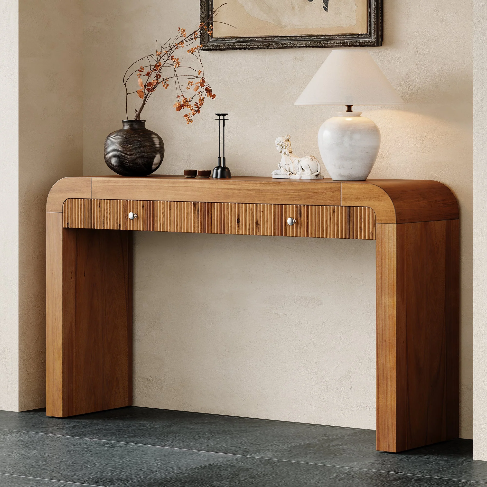 Walker Edison | Entryway Fluted Curve Design Console/Desk Table with Drawers